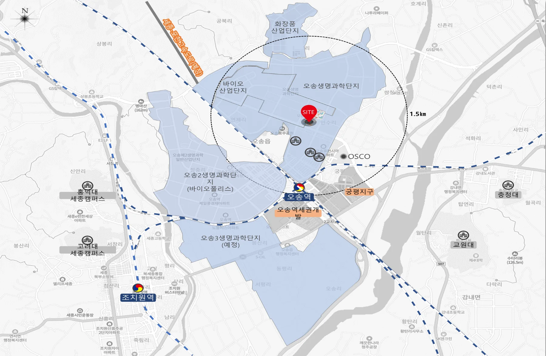 오송 생활권 지도: 오송생명과학단지, 오송역, 오송3생명과학단지 예정지
